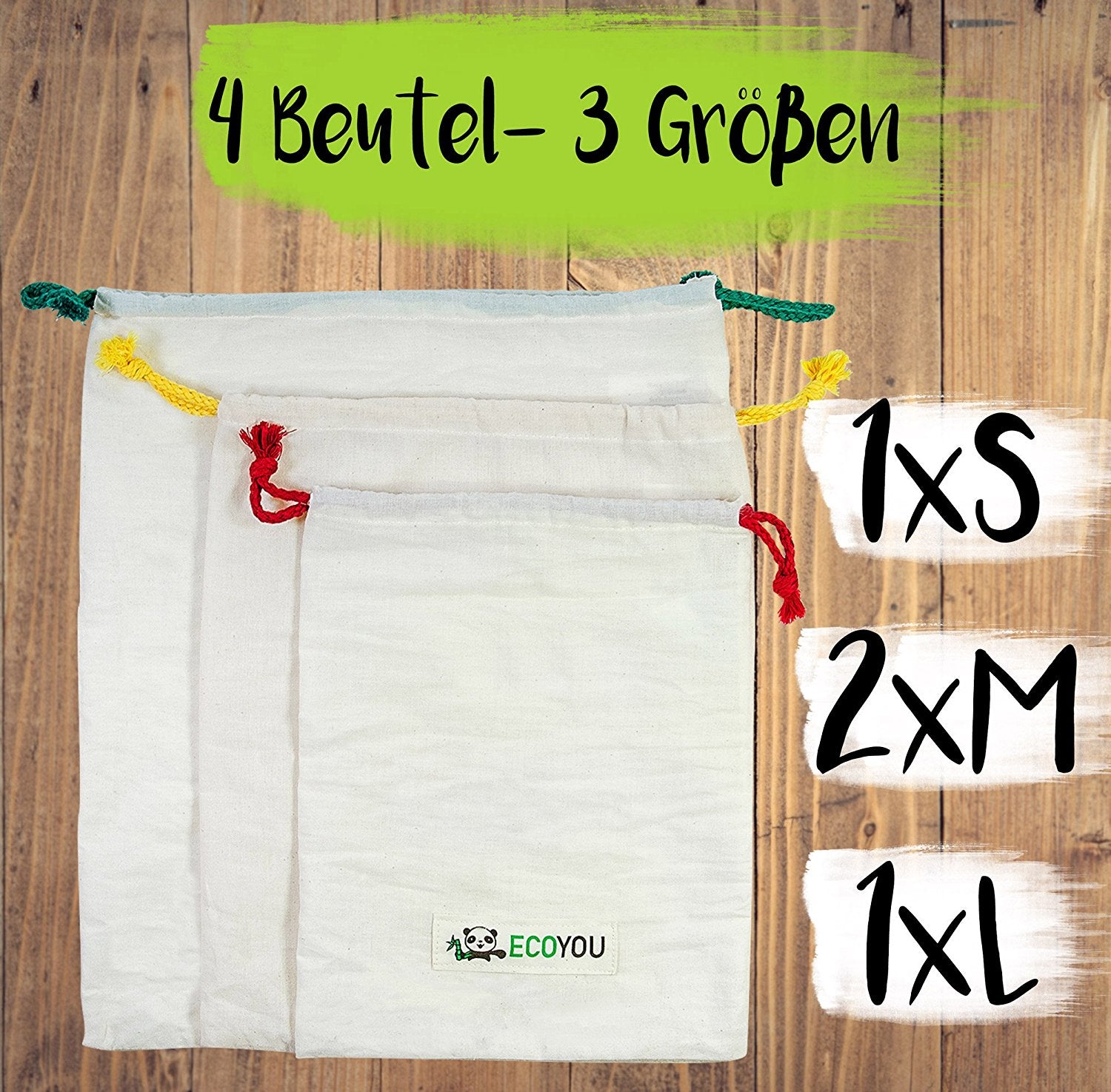 Brotbeutel, Obst- & Gemüsebeutel Bio Baumwolle 4er Set inkl. Guide - EcoYou