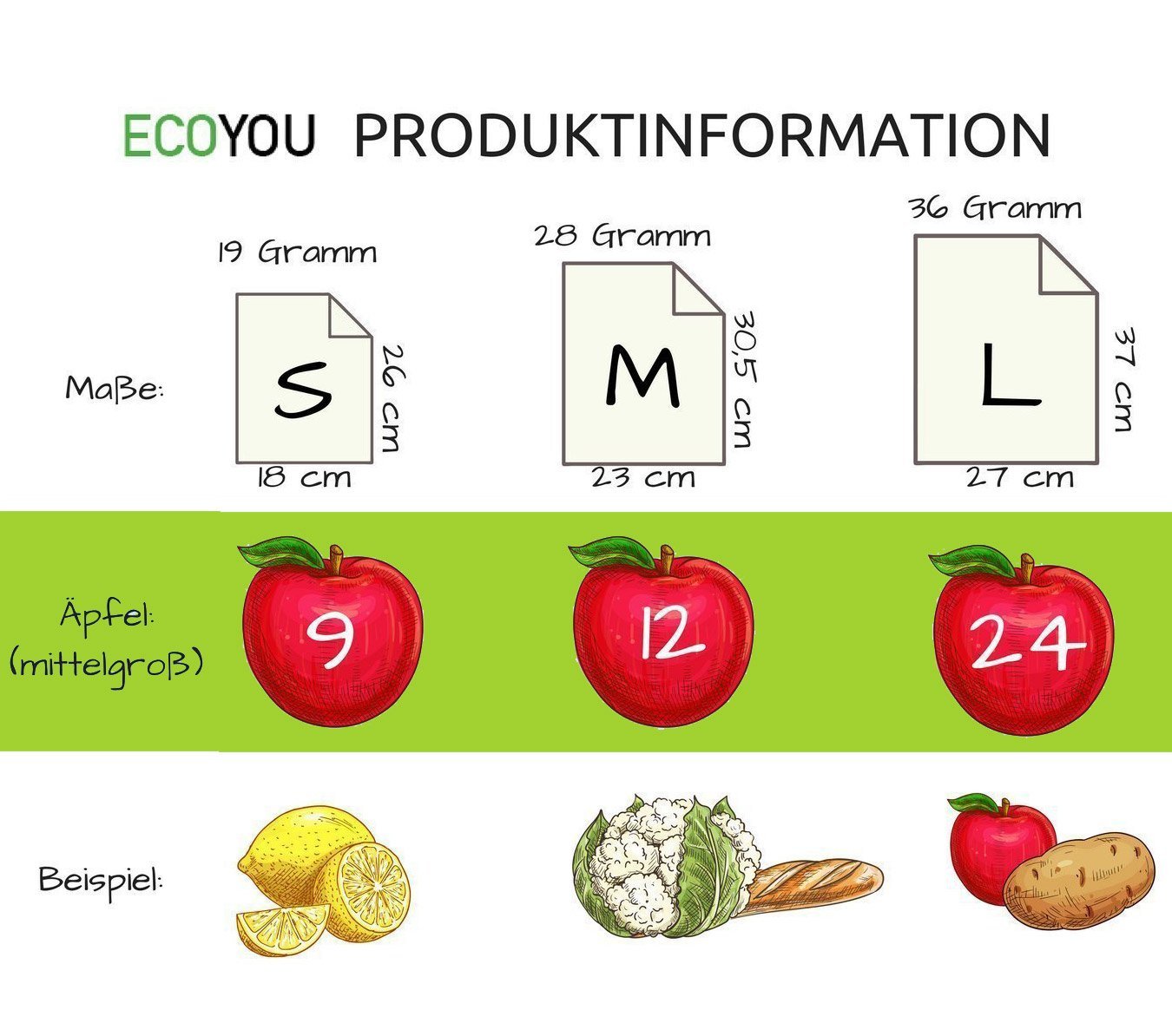 Obst- & Gemüsenetze Bio Baumwolle inkl. Saisonguide 3er Set Einkaufsnetze - EcoYou