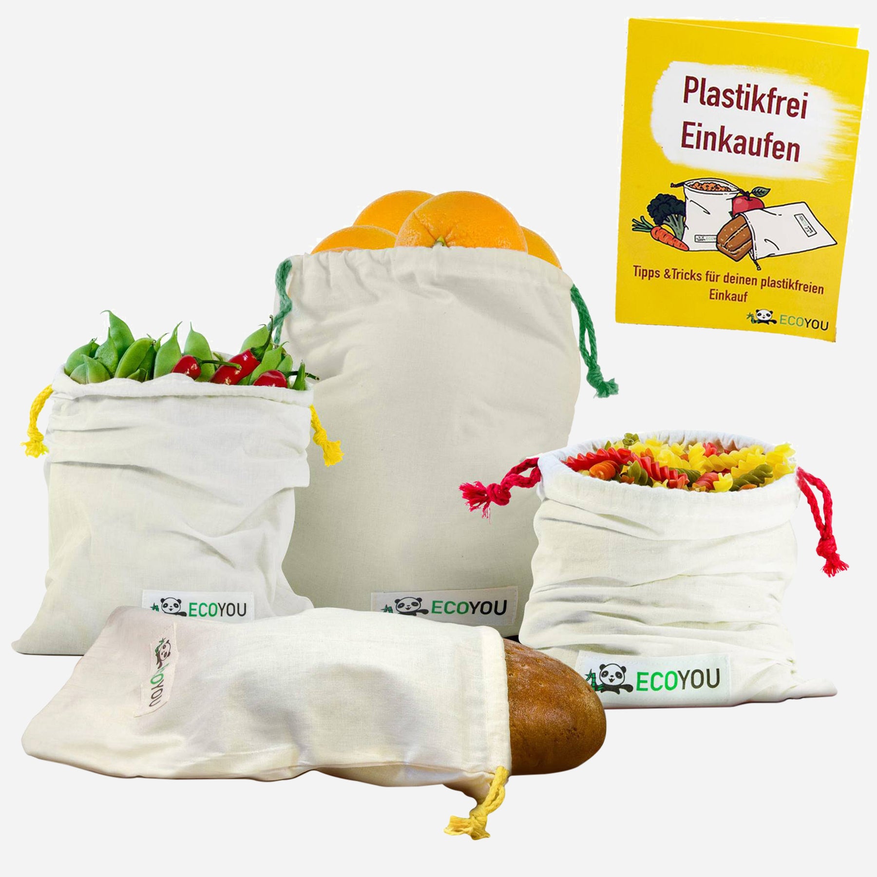 Brotbeutel, Obst- & Gemüsebeutel Bio Baumwolle 4er Set inkl. Guide - EcoYou