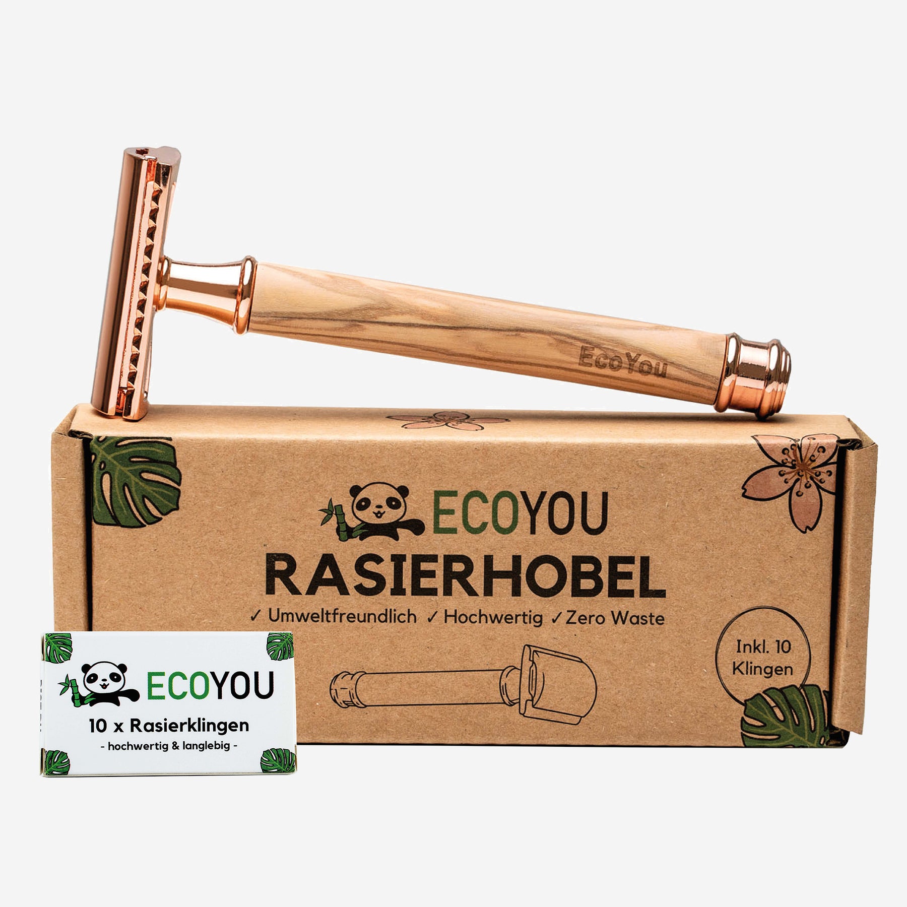 Rasierhobel aus Olivenholz - Rose - inkl. 10 Rasierklingen - EcoYou