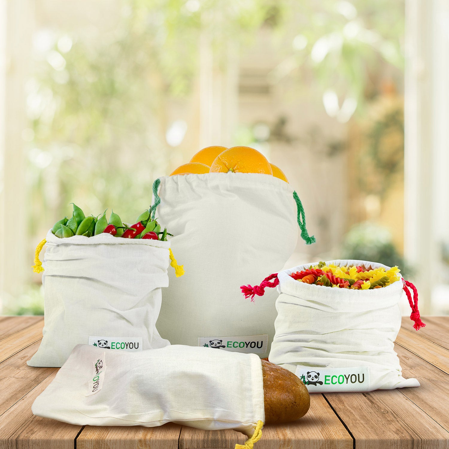 Brotbeutel, Obst- & Gemüsebeutel Bio Baumwolle 4er Set inkl. Guide - EcoYou