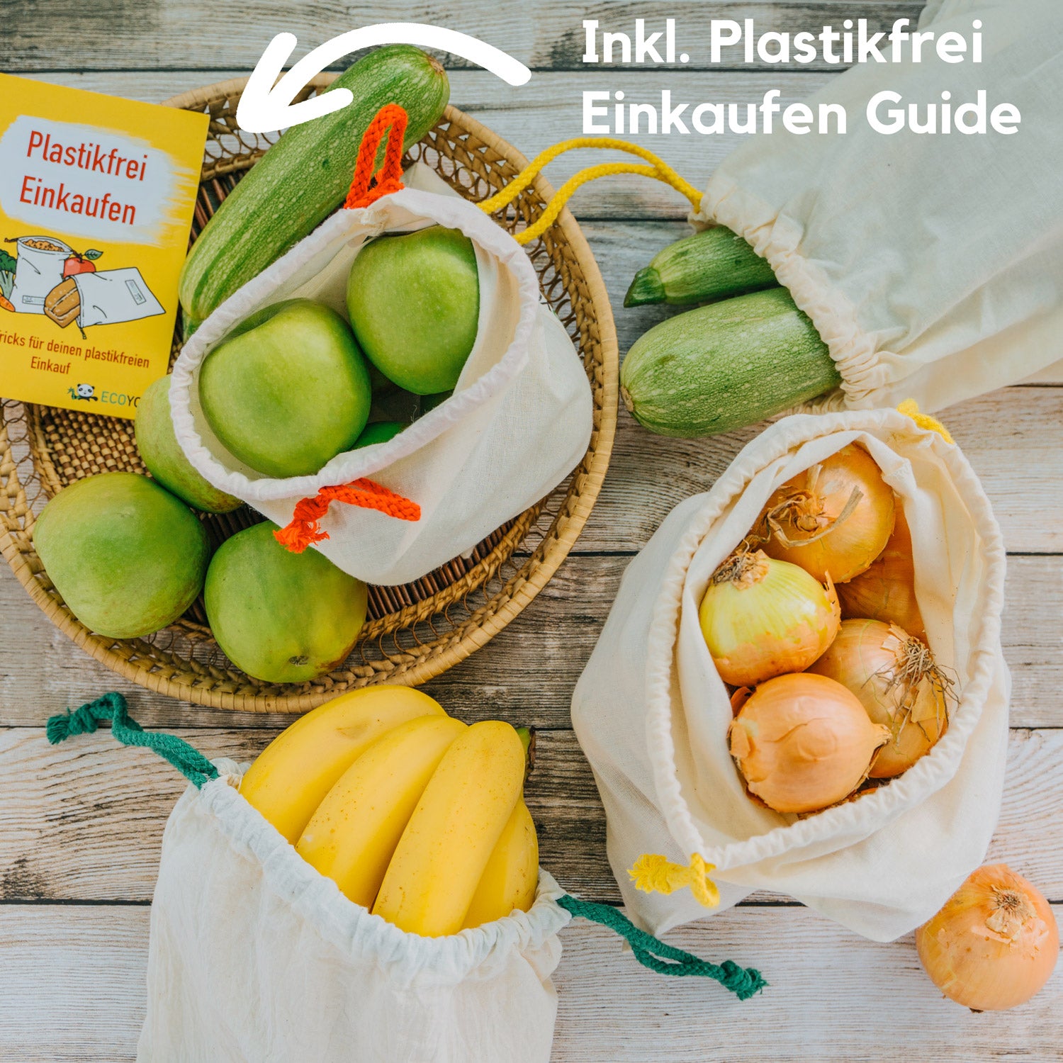 Brotbeutel, Obst- & Gemüsebeutel Bio Baumwolle 4er Set inkl. Guide - EcoYou
