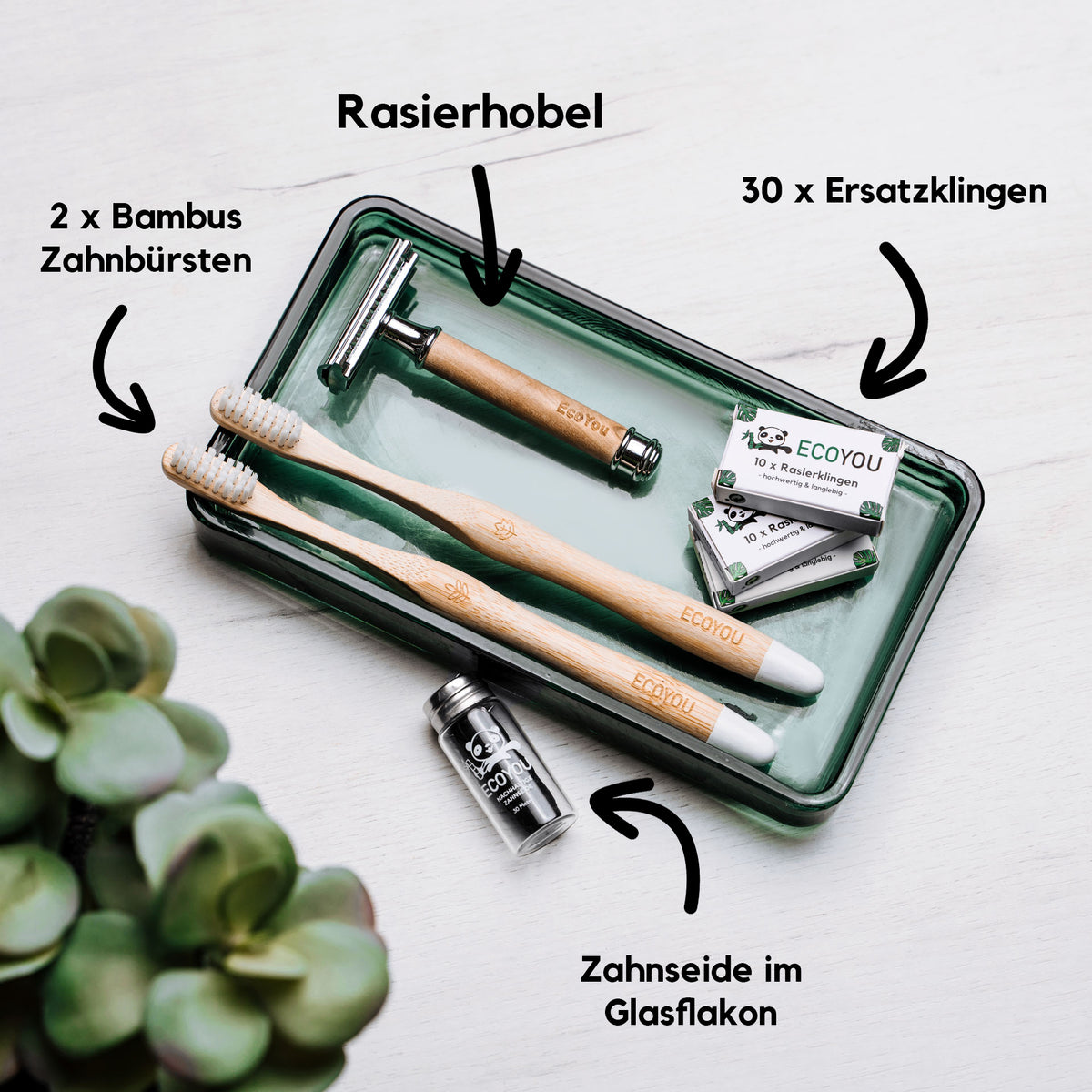 Zero Waste Rasierhobel Set inkl. Bambus Zahnbürsten in Geschenkbox - EcoYou