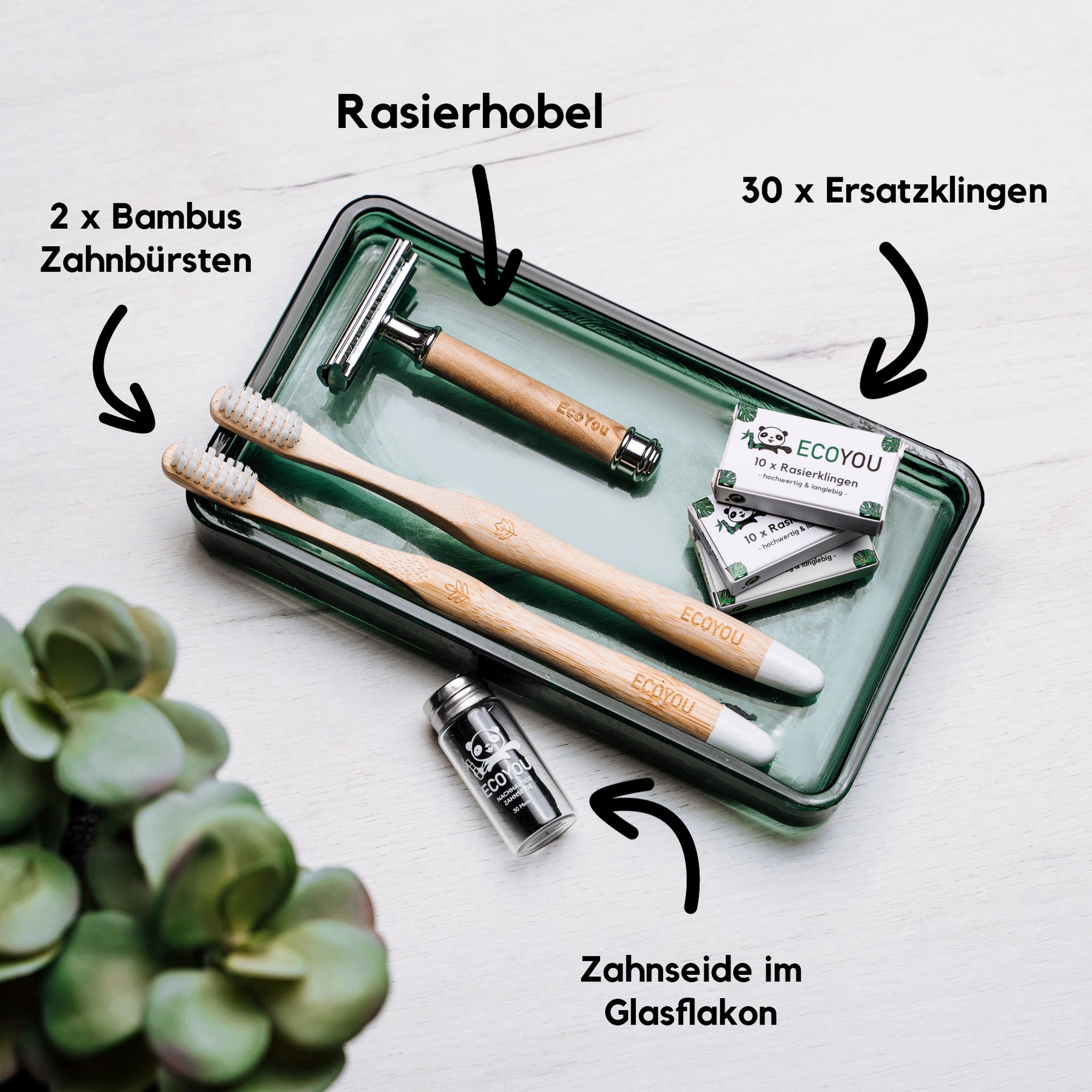 Zero Waste Rasierhobel Set inkl. Bambus Zahnbürsten in Geschenkbox - EcoYou