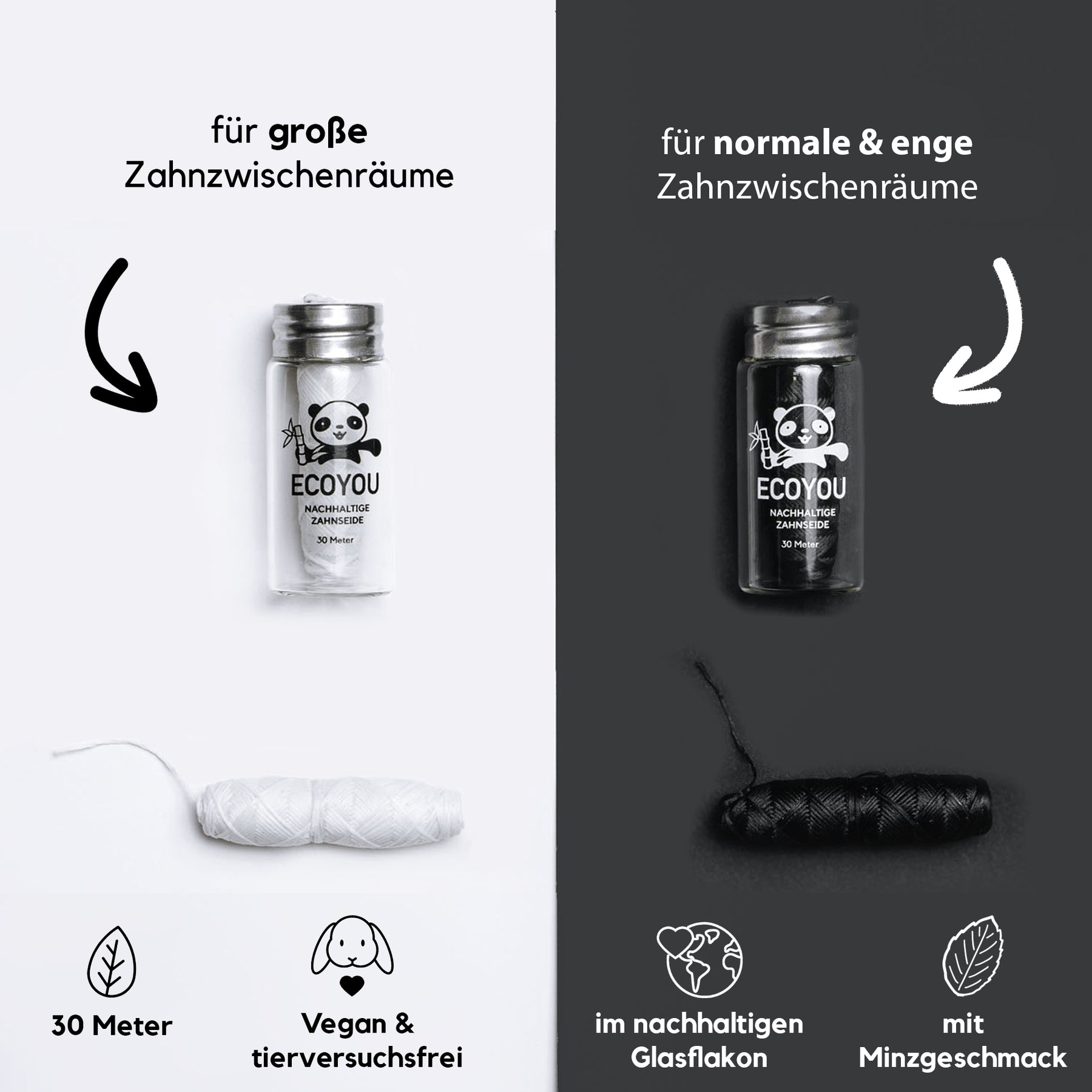 Nachhaltige Zahnseide mit Bambus Aktivkohle im Glasflakon - 30m - EcoYou