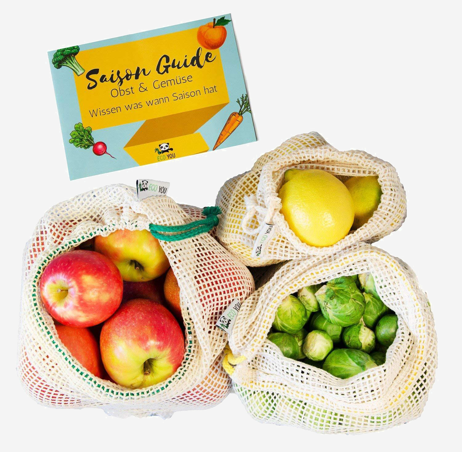 Obst- & Gemüsenetze Bio Baumwolle inkl. Saisonguide 3er Set Einkaufsnetze - EcoYou